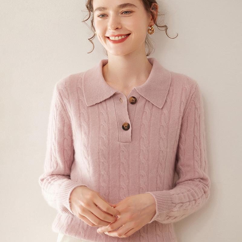 2025 Autumn/Winter Women's Cable Knit Cashmere Polo Collar Pullover