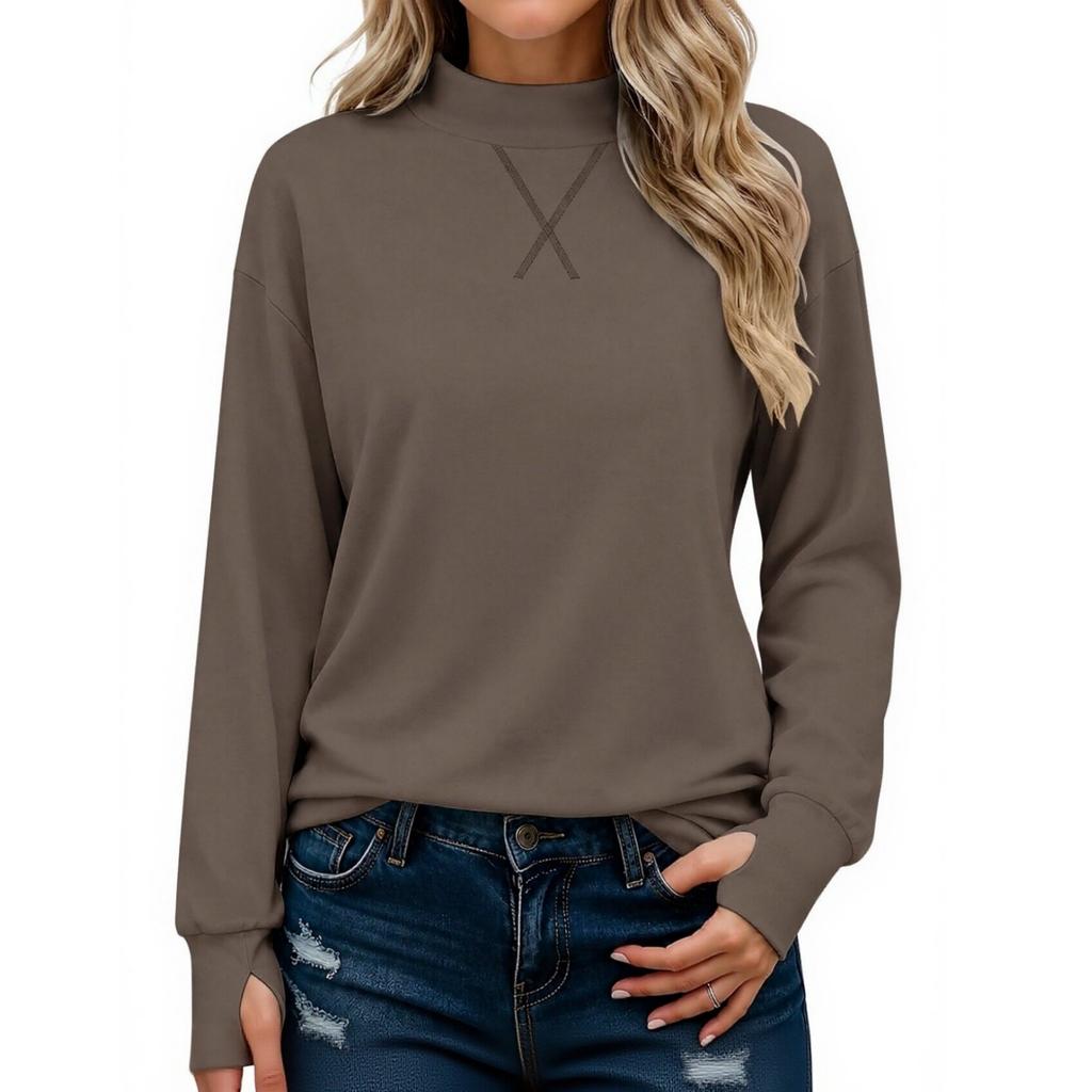 Women's Casual Mock Neck Long Sleeve Top with Thumb Holes