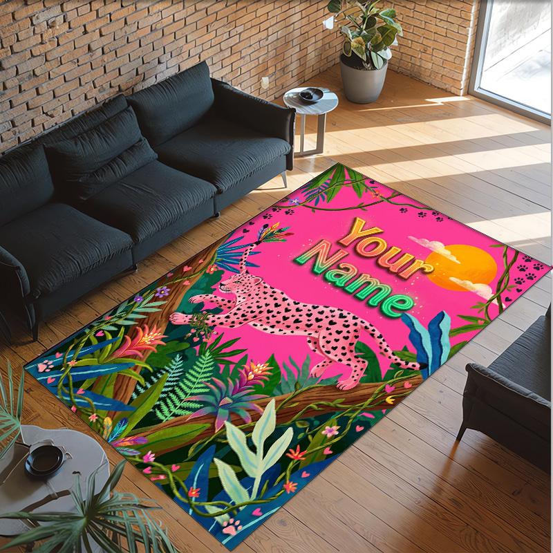 Leopard Theme Crystal Velvet Floor Rug Personalized Custom Name Text Warm Carpet Home Decoration