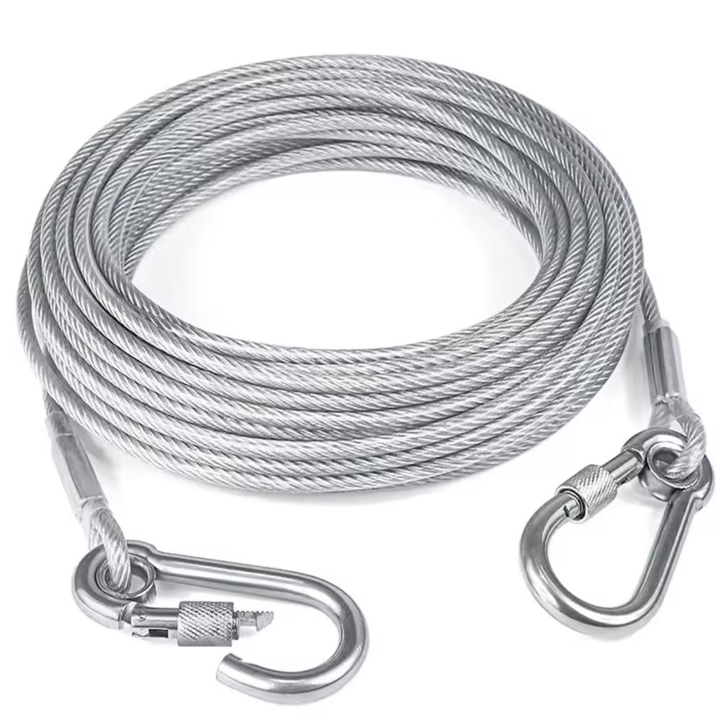 4.6m/9m/15m Double Leashes Stainless Steel Dog Tie Strap Cable Leash Raction Rope with Metal Buckle Steel Wire Collar Outdoor