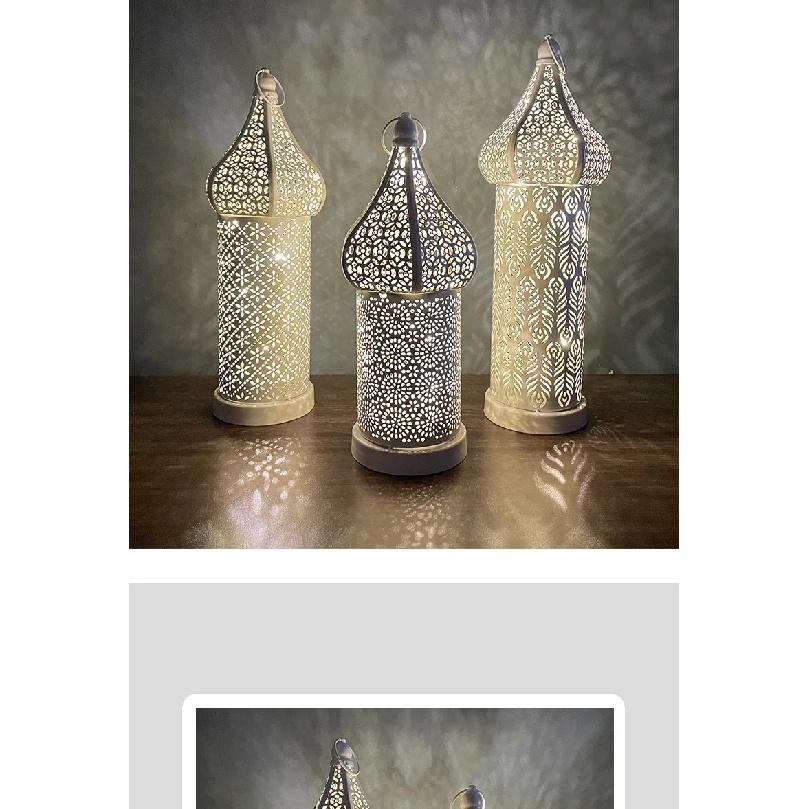 Golden Moroccan Lantern, Hollow Iron LED Light for Home Decor, Ramadan Eid Wedding, Indoor Outdoor Hanging Pendant Lamp - 1PC