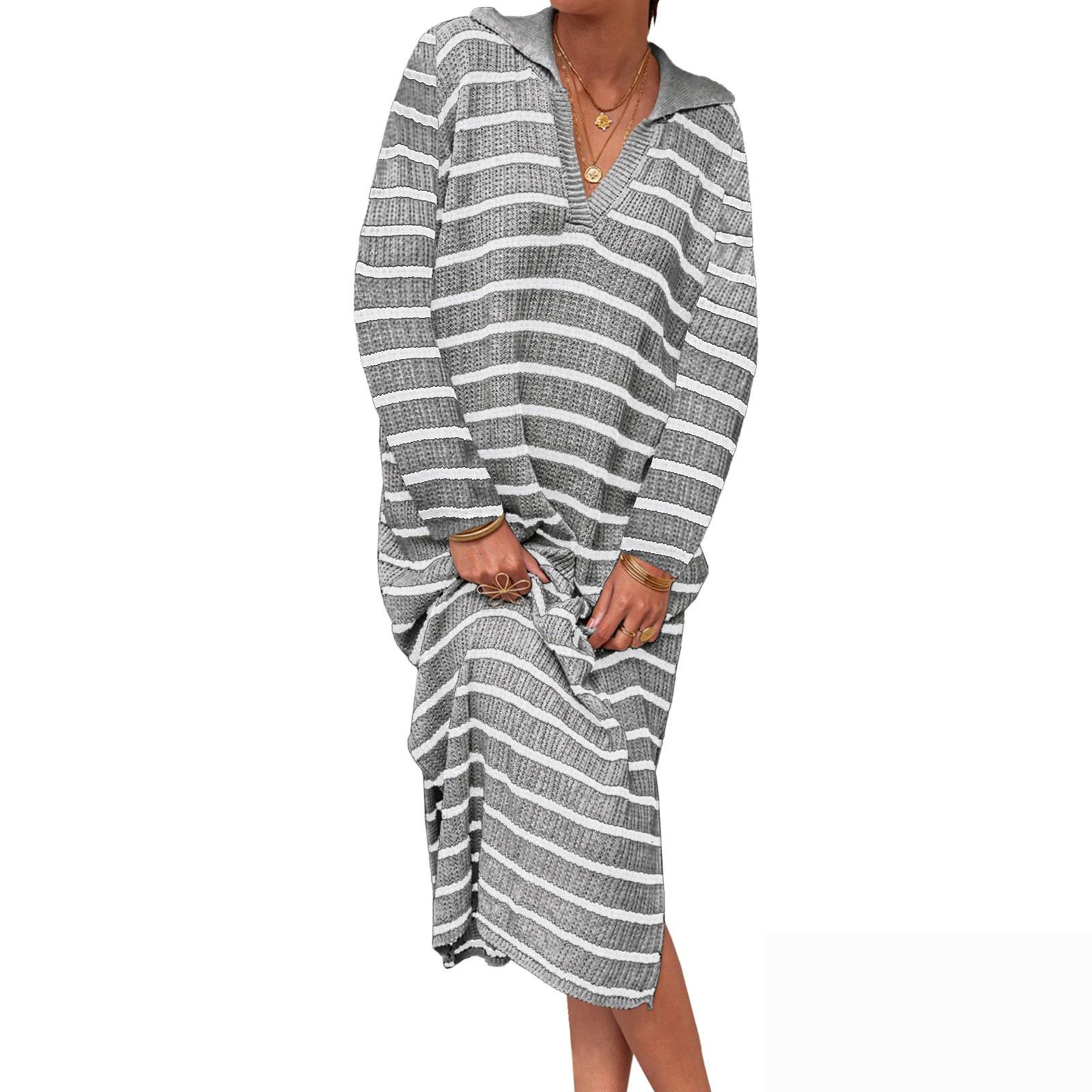 

Жіночі модні довгі светри з V-подібним вирізом у смужку з низьким розрізом і повсякденними лацканами M