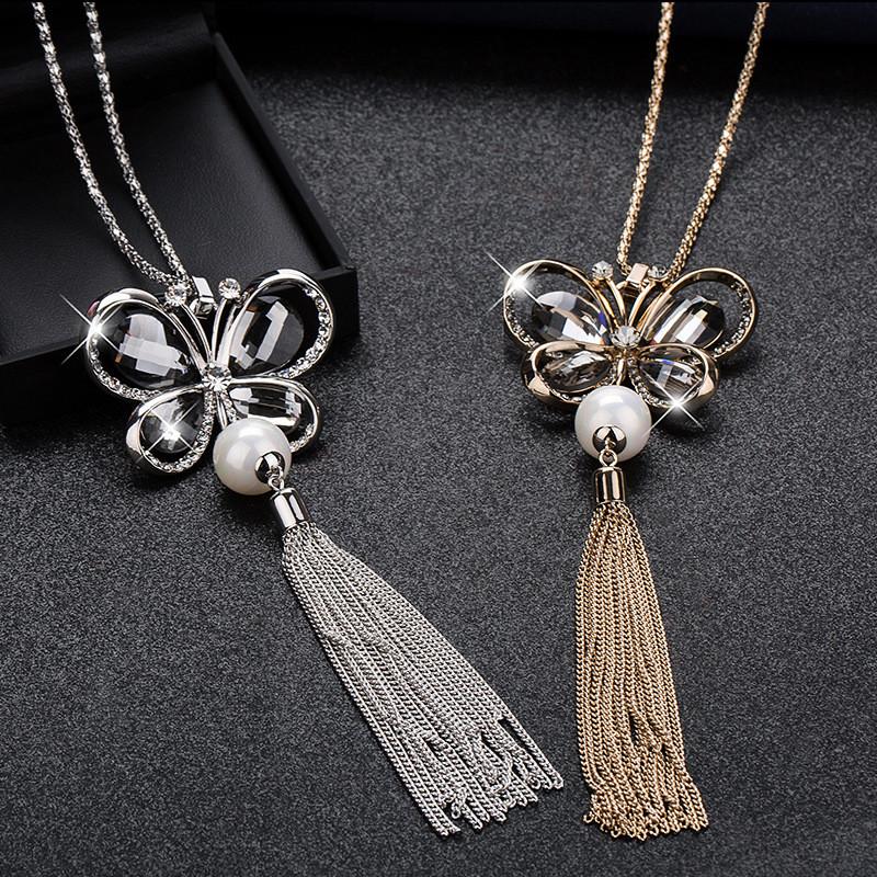 Elegant Korean Style Butterfly Sweater Necklace With Pearl Tassels For Women