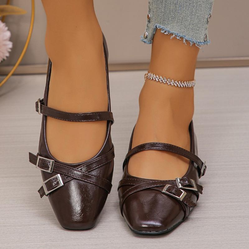 Spring and Autumn New Fashion High Heels Square Head Thick Heel Shallow Mouth One-word Buckle Casual Large Size Single Shoes Women