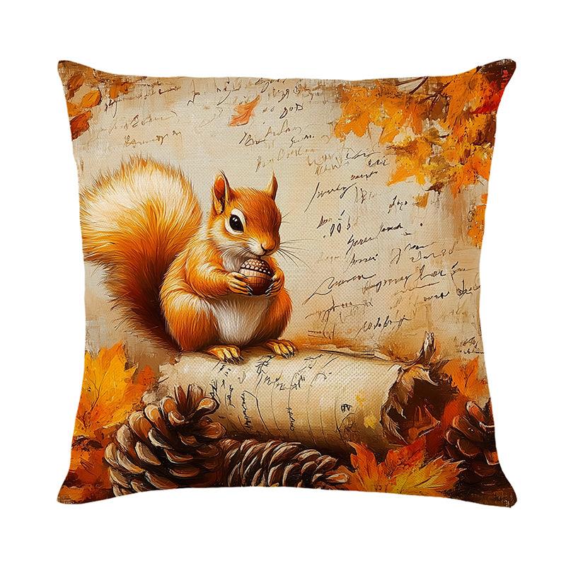 1pc Retro Oil Painting Cushion Cover Fall Themed with Rabbit Pumpkin Sunflowers Pattern for Autumn House Decoration