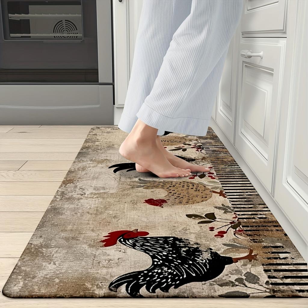 1 Stück Anti-Ermüdungs-Küchenteppiche, Hahn-Sonnenblumen-Druck, wasserdichte, rutschfeste, dick gepolsterte Küchenmatte, strapazierfähige, bequeme Stehmatte für die Küche