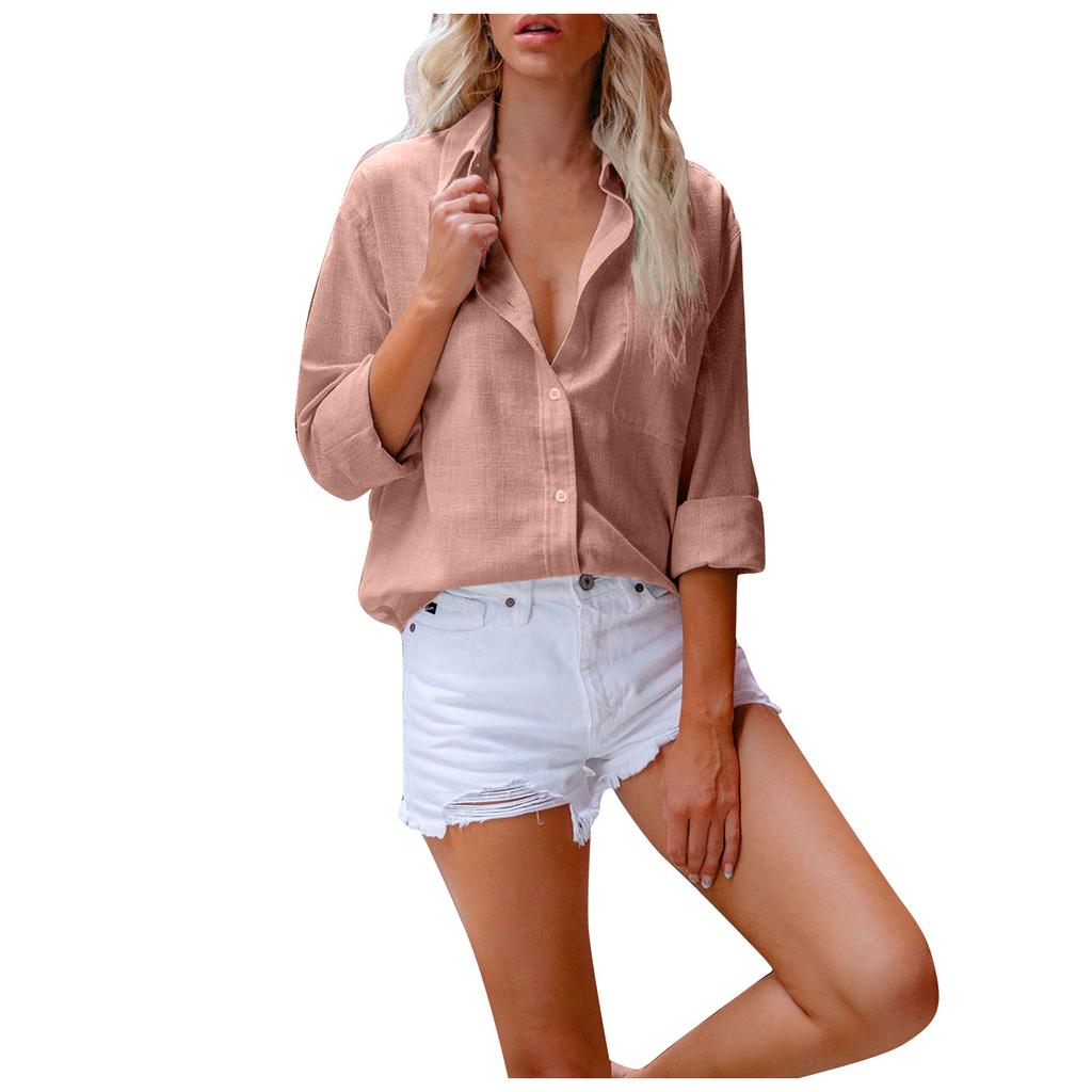 Women Solid Color Cotton Linen Shirt Long Sleeve Lapel Button Button Shirt