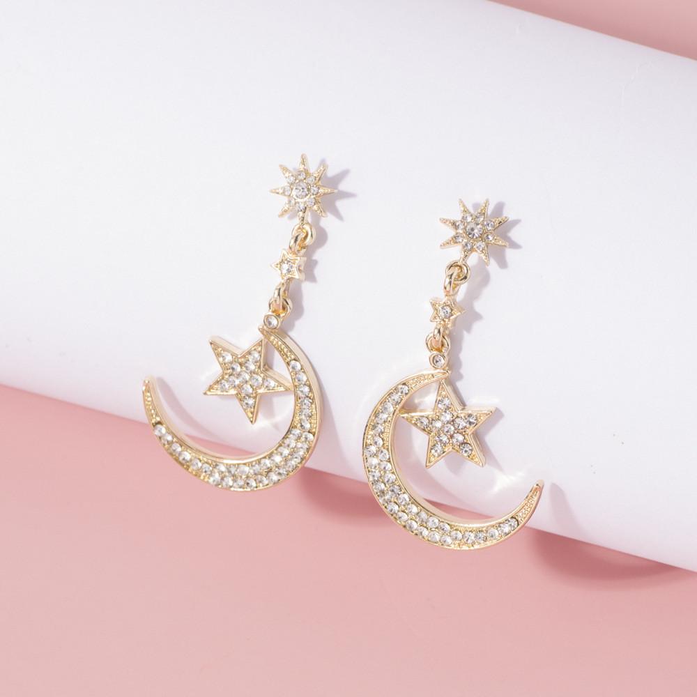 Trendy Gold Alloy Star Moon Earrings Sparkling Fashion Dangle Earrings For Women
