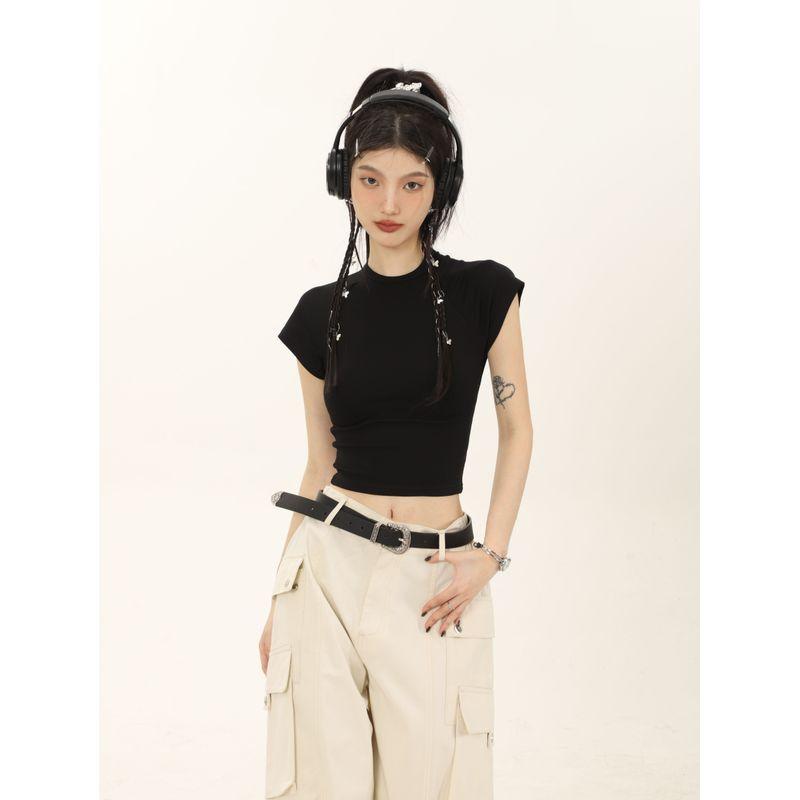 Shiyiyue Slim Fit Midriff-Baring Pure Color Short Sleeve T-Shirt