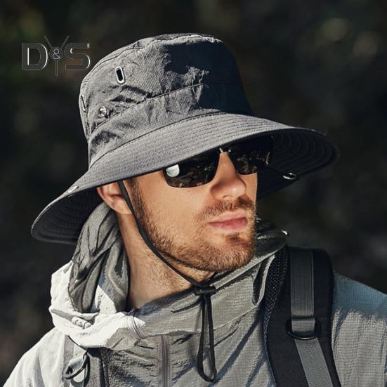 Men Summer Sun Hat Windproof Strap Wide Brim Anti-UV Sun Protection Foldable Portable Gardening Fishing Travel Cap Outdoor Fisherman Hat