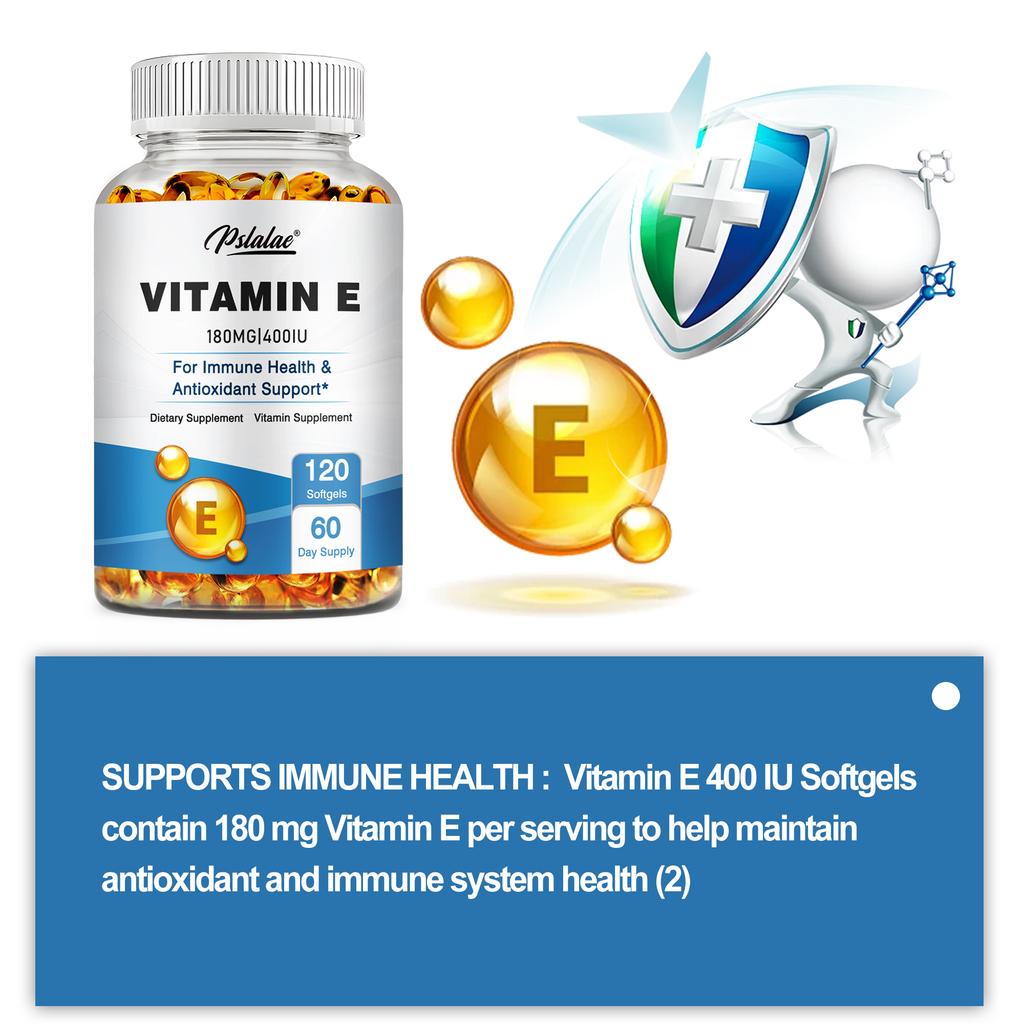Pslalae Vitamin E 400 IU Capsules - Promote Skin, Supports Immune And Antioxidant Health 120 Capsules