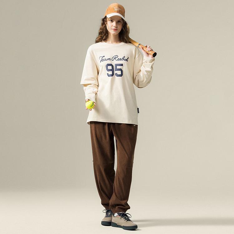 Reebok Fashion Retro Loose Simple Fake Two-Piece Round Neck Long Sleeve T-Shirt Unisex Tops Beige 24FRM505UGM1