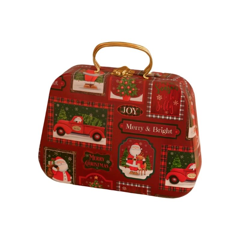 Holiday Gift Tin Box Christmas Metal Treat Container with Handle and Lid Closure for Small Gifts, Dessert Table Use