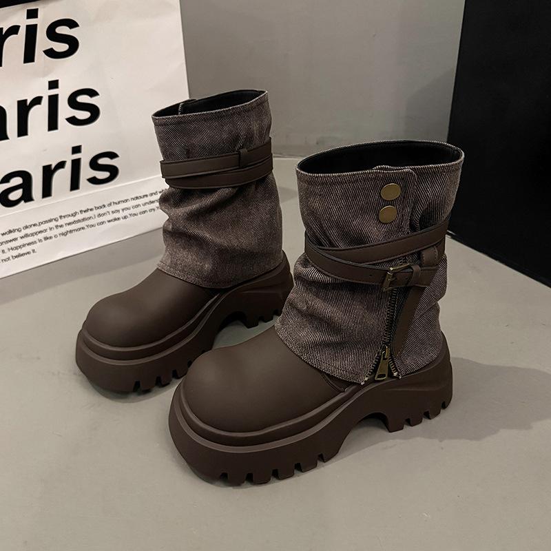 2025 New Denim Metal Buckle Platform Muffin Small Martin Boots Locomotive Boots Short Boots Pants Boots Women's Shoes