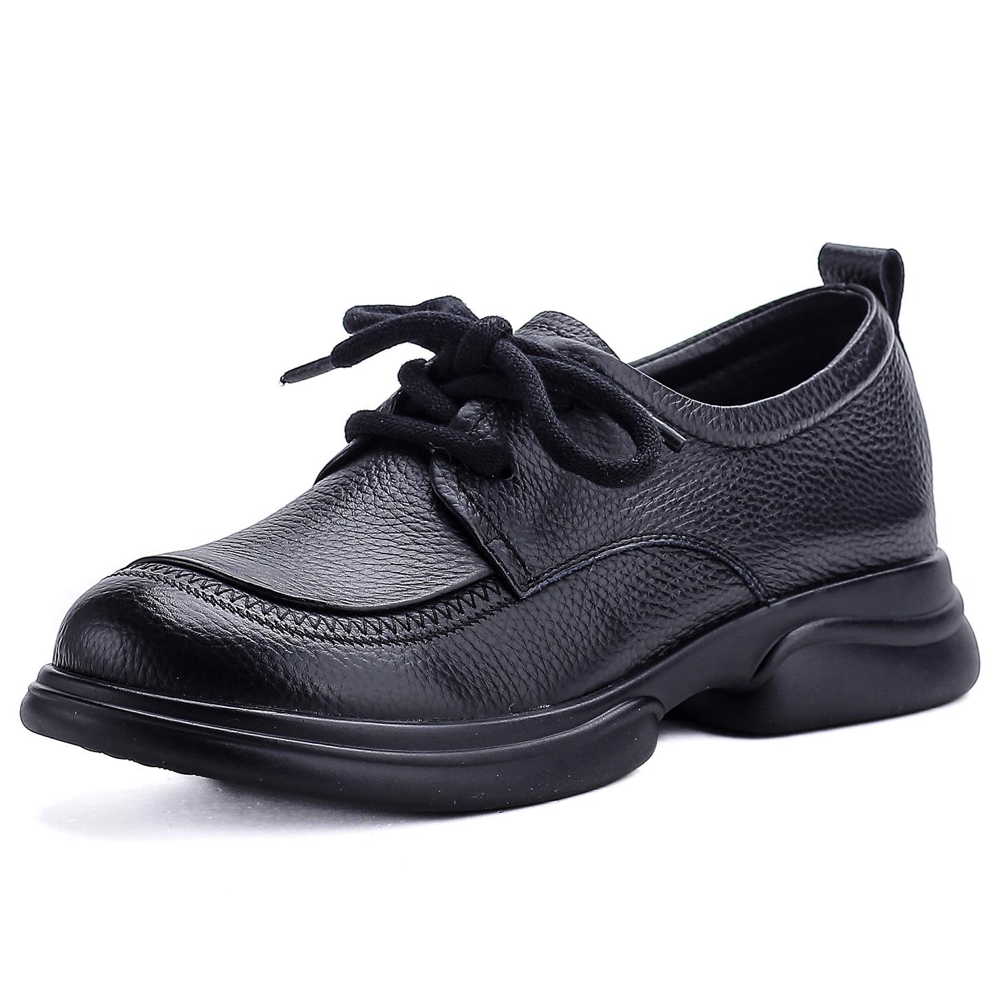 The first layer of cowhide spring new single shoes retro leather leather shoes wide head wide fat feet  shoes thick sole comfortable mother shoes 35