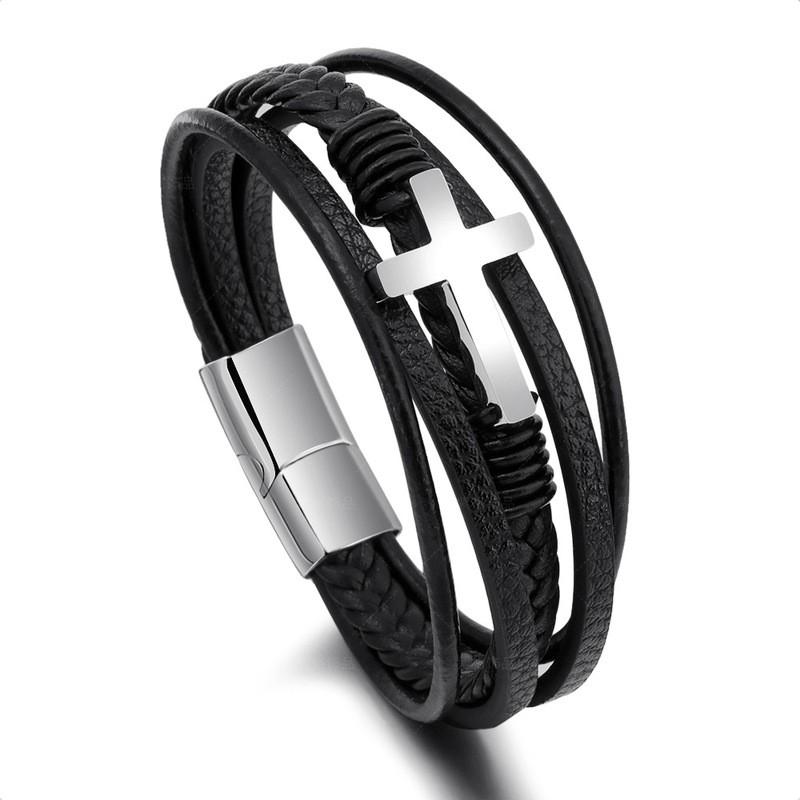 Mens Titanium Steel Bracelet With Leather Weave Cross Charm Magnetic Clasp Adjustable Length Black Leather Silver Clasp 21cm