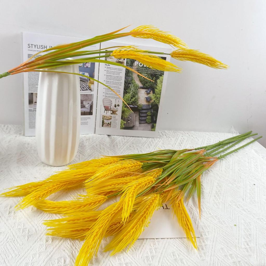 10pcs Simulated Plant Single Branch 3 Fork Wheat Ear Golden Rice Wheat Ear Pastoral Crop Home Decoration