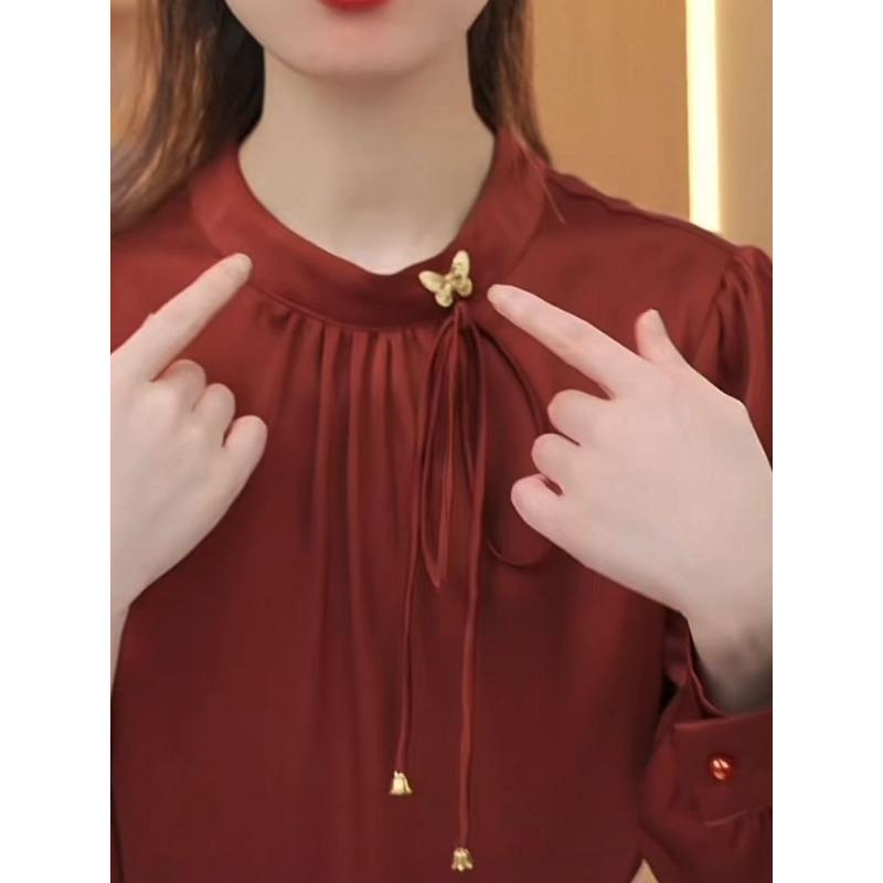 2024 Autumn New Chiffon Satin Long Sleeve Round Neck Shirt Commuting Bow Versatile Elegant Pullover