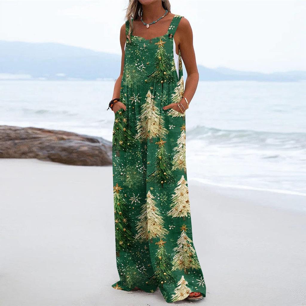 Women's Christmas Print Solid Wide Leg Strapless Tank Pocket Casual Onesie