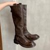 Cowhide version~ retro pleated thick-soled long knight boots women's thin leather high boots