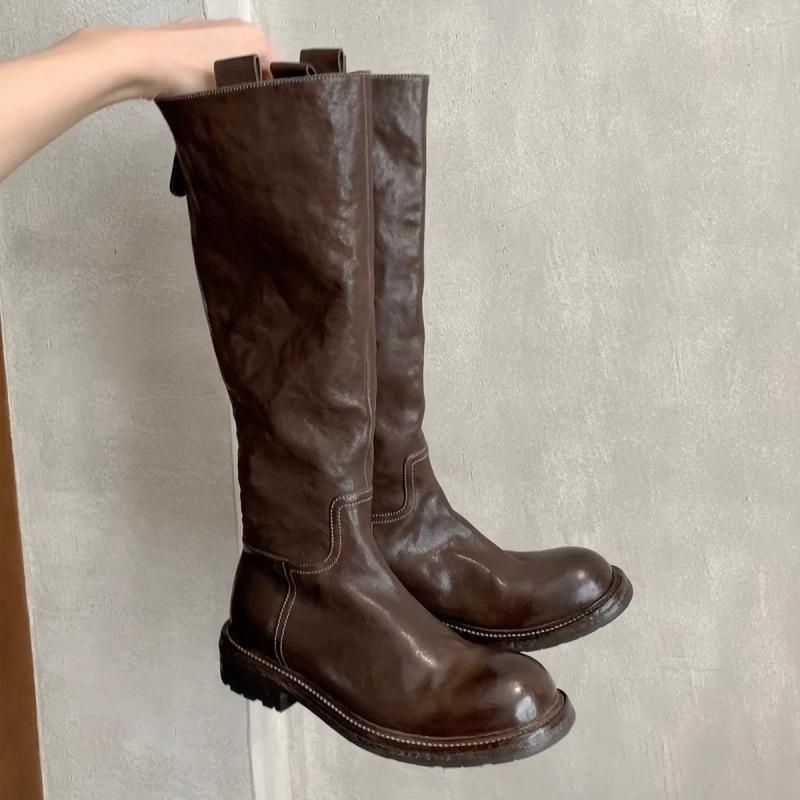 Cowhide Version~ Retro Pleated Thick-soled Long Knight Boots Women's Thin Leather High Boots
