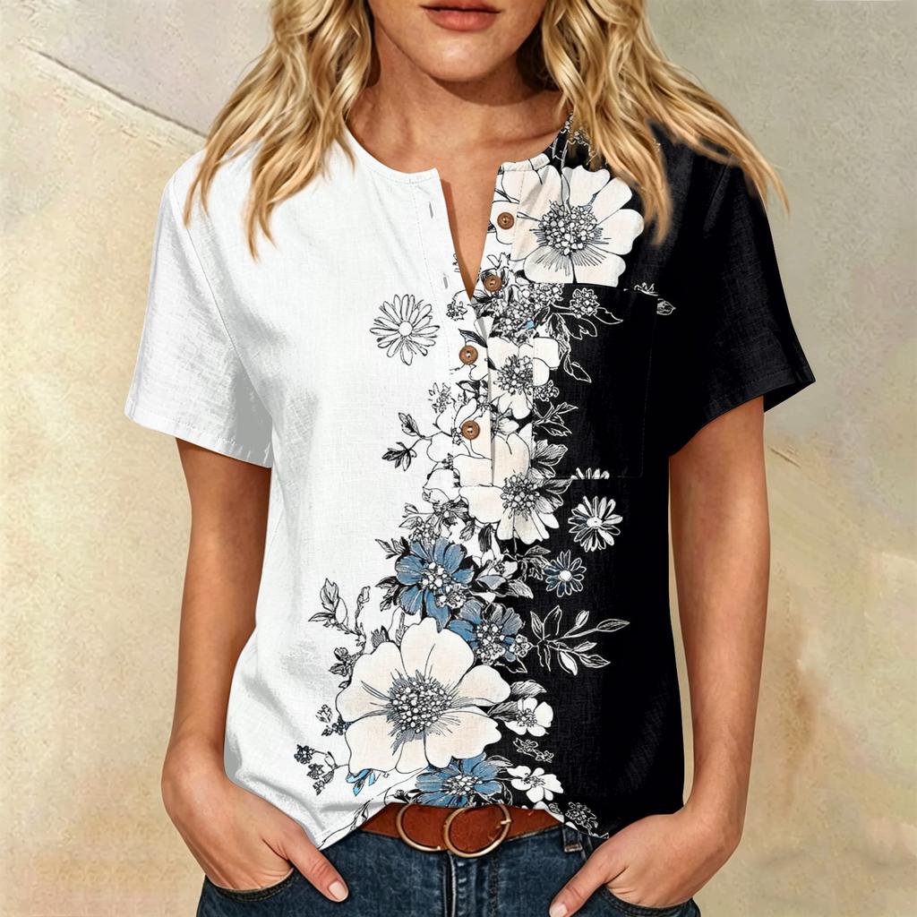 Damen Freizeit Hemd mit Print, Henley-Knopfleiste, kurzen Ärmeln, Baumwoll-Leinen-Mischung und Brusttasche für den Sommerlichen Alltagsgebrauch