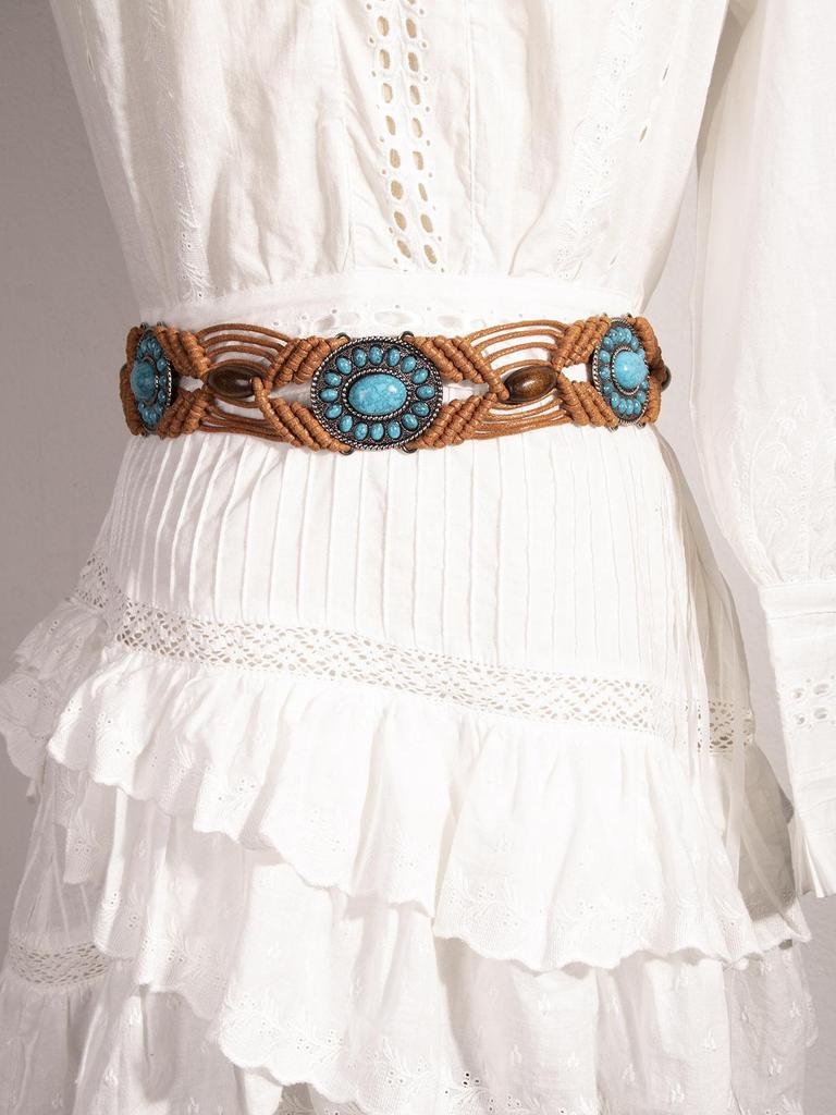 Bohemian Turquoise Resin Beaded Braided Waist Rope for Women