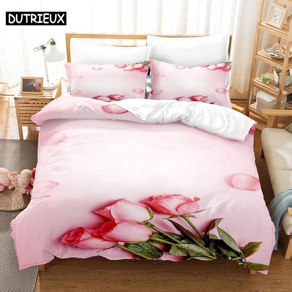 Pink Flower Duvet Cover and Pillowcases Set King Size 220x240 Double Bed Single 3D Queen Bedding Sets Pink Full Twin Quilt Linen