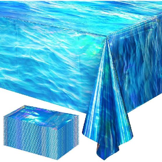 3 Pcs Iridescent Waves Tablecloths - Disposable Plastic Ocean Blue Table Cloth Rectangle Table Covers for Under the Sea Beach Surf Pool Party