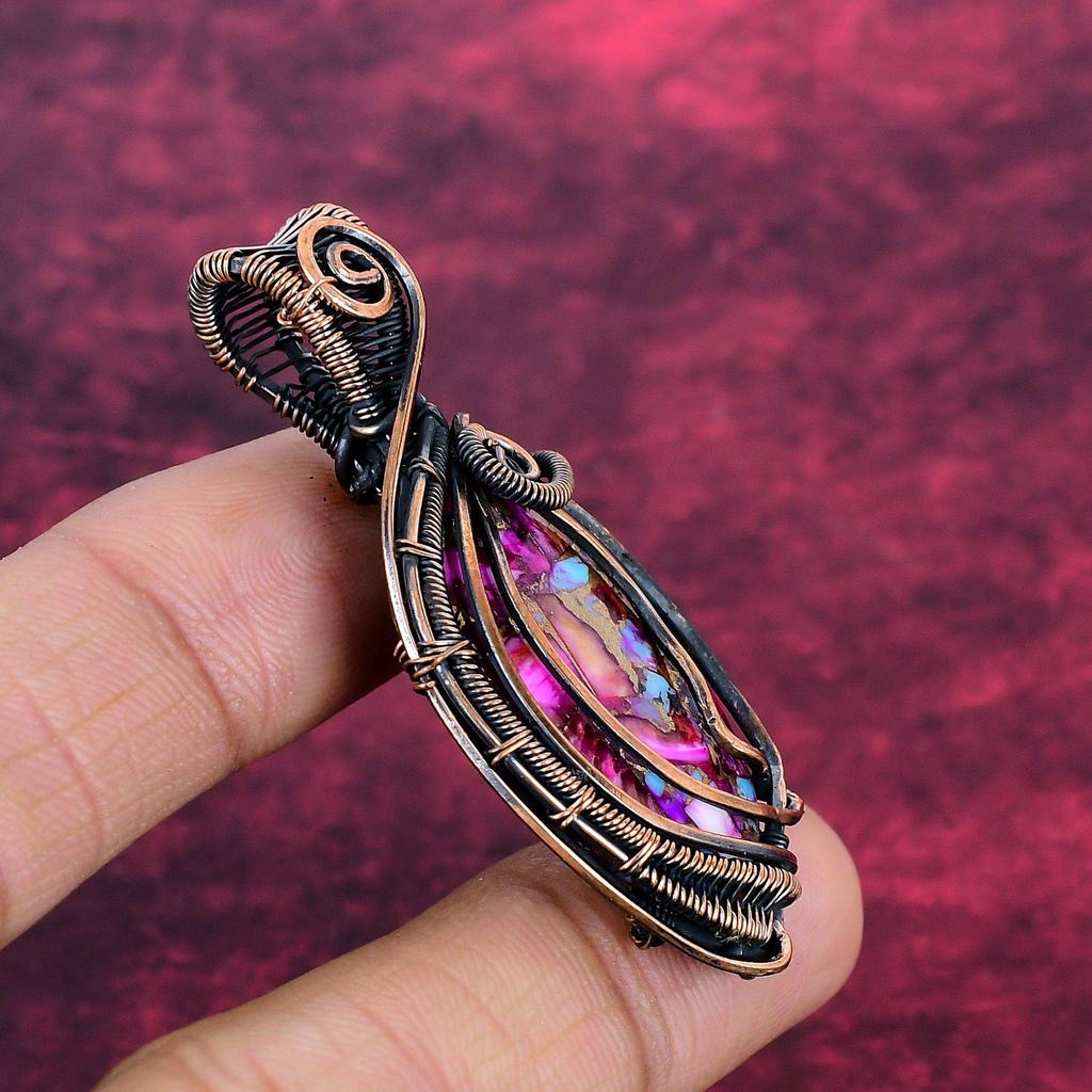 Natural Kingman Pink Dahlia Turquoise Pendant Copper Wire Wrapped Dainty Pendant