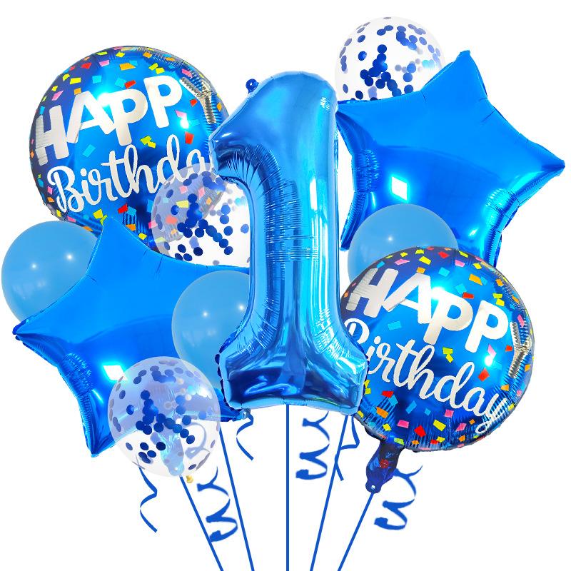 32-Inch Blue Digital Aluminum Film Balloon Set, First Birthday Party Decoration Atmosphere Arrangement