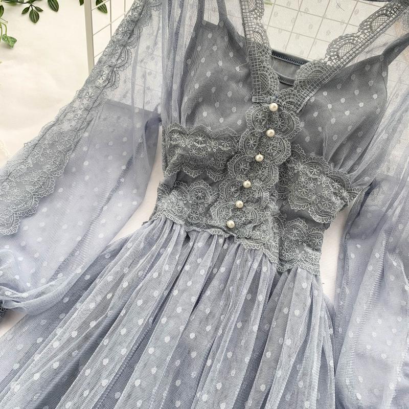 Spring Autumn  New Long Dresses Chic Sweet Temperament Women's  Net Yarn Dress