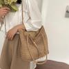 Yogodlns Women Hand Woven Tote Bag Solid Color Large Capacity Square Handbag Straw Shoulder Bag with Tassel Pendant