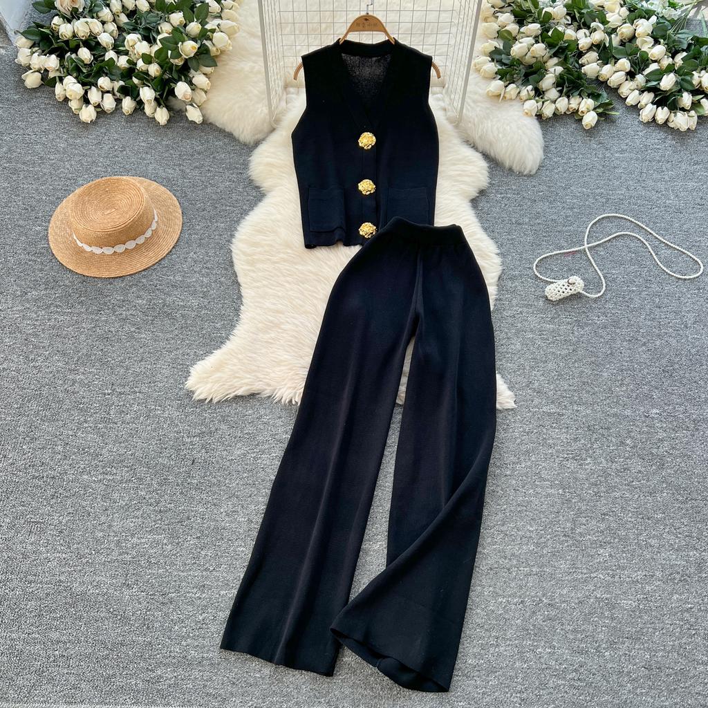 Summer Women Knitted Sweater Tracksuit Sleeveless Big Gold Button Tank Vest Tops and Wide Leg Pant Two Piece Set