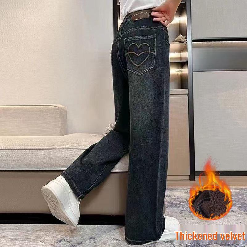 Girls' Fleece-Lined Wide-Leg Winter Jeans: 2025 New Style, Thickened & Warm for Middle To Big Kids