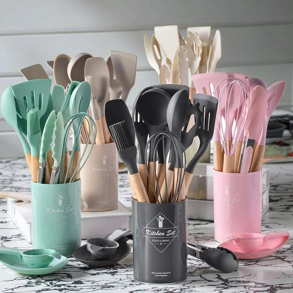 12-Piece Eco-Friendly Kitchen Utensil Set Wooden Handles Silicone Cooking Shovel Spoon Food Safe Microwave Kitchen Gadget Tools