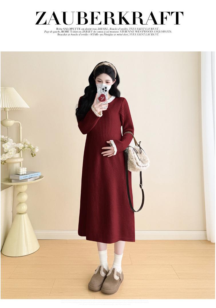 

Fashionable Knit Maternity Dress - Autumn/Winter Red Wedding Engagement Outerwear with Thick Base Skirt 2XL червоний