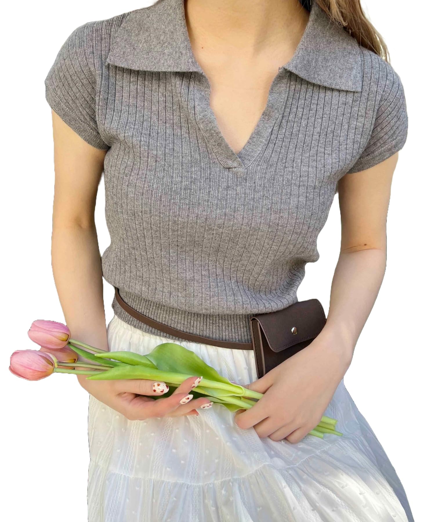 

WEGO PHILLY Летний трикотажный топ с открытым воротником, серый, короткий рукав, женственный, женский, F, серый