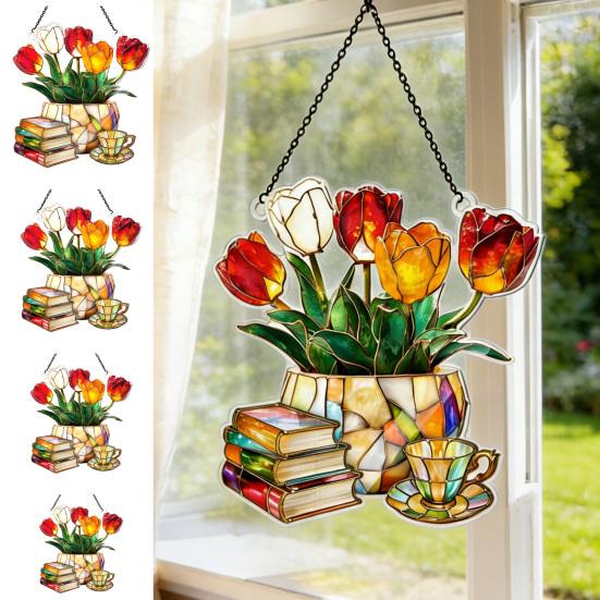 Tulip And Book Sun Catcher Acrylic Flower Suncatcher Window Hanging Decoration for Home Living Room Bedroom Outdoor Decor
