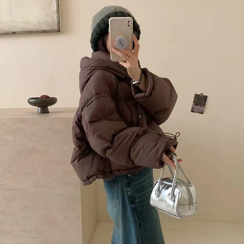 Premium hooded down jacket women's short 2024 winter thickened solid color loose white duck down small man bread jacket