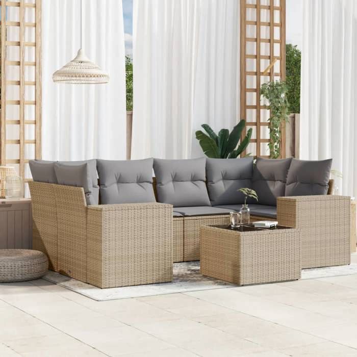 VidaXL Salon de Jardin avec Coussins 7 pcs, Canapés de Terrasse, Ensemble de Meubles de Patio, Mobilier d'Extérieur, Beige 3222318