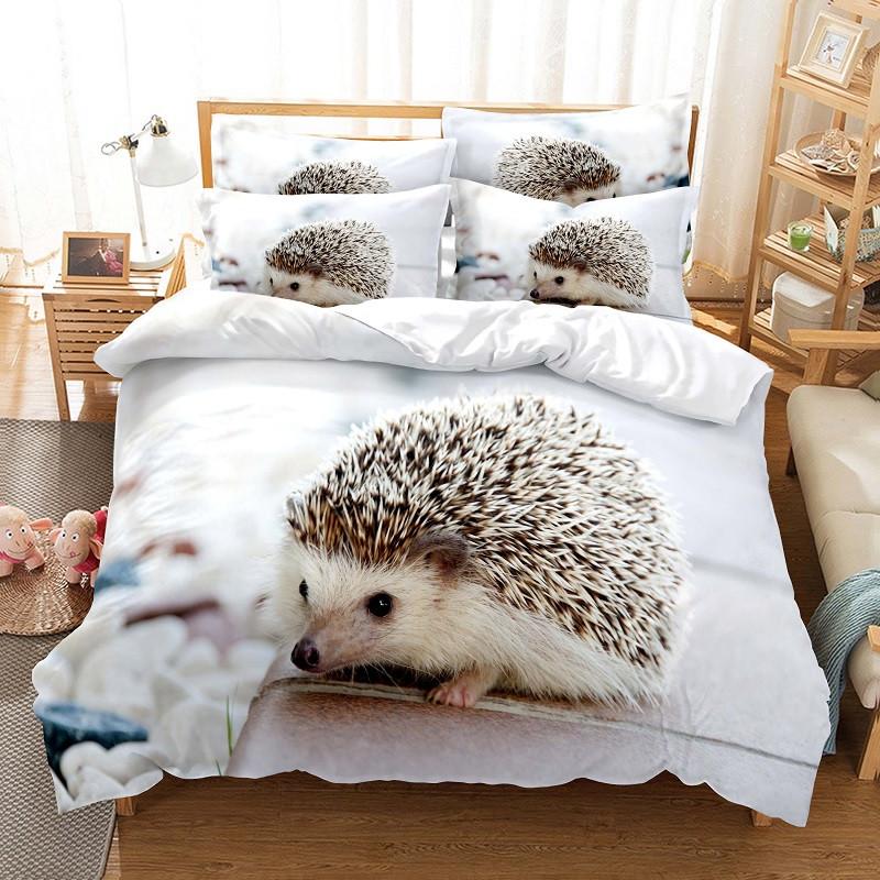 Double King Size Cute Animal Hedgehog - Patterned 3 - Piece Duvet Cover Bedding Set With Pillowcases, Ideal For Couple Beds