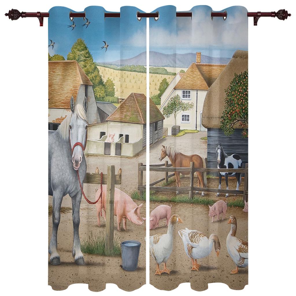 Country Graffiti Chicken Hill House Country Style Window Curtains Scenic Curtains for Living Room Decorative Items Living Room