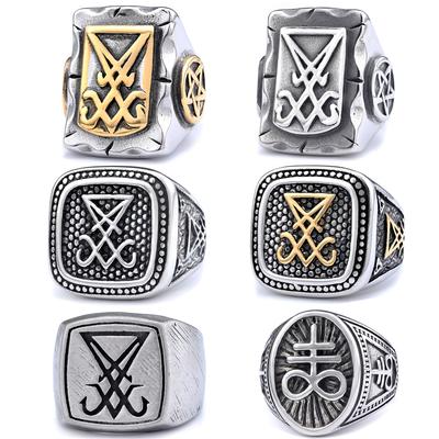 Personalisierter Dunkler Serien Logo Ring Edelstahl Satan Pitting Stahlfarbe Gold