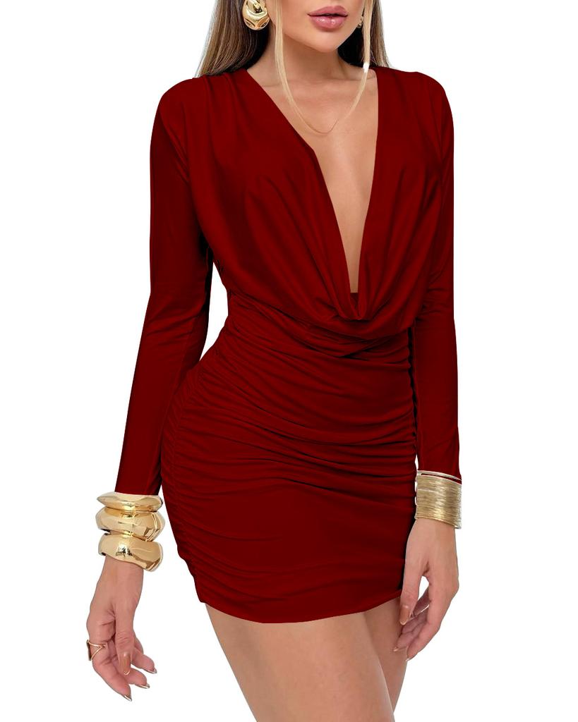 2026 new swing neck deep V long sleeve tight mini hip wrap dress sexy pleated skirt