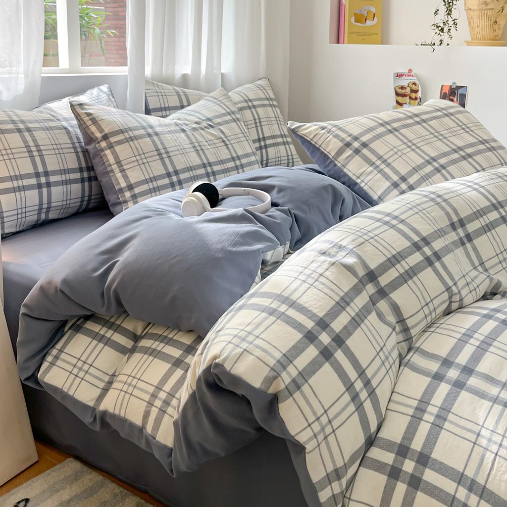 3/4 Pcs Blue Checkered Bedding Set Simple Style Soft Skin Friendly Duvet Cover Flat Sheet and Pillowcases Single Double Bed Sets