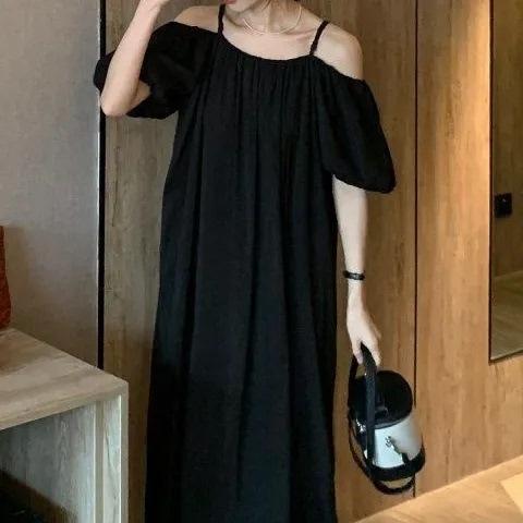 French suspender one-word shoulder green dress women's summer 2026 new loose off-the-shoulder high-end dress