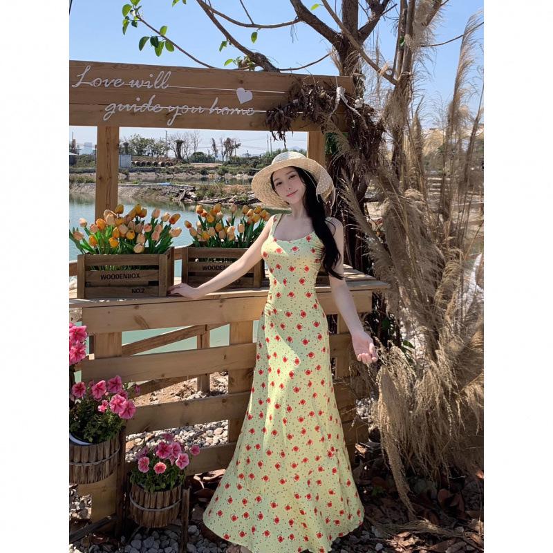 2025 Sommer Retro Französisch Gelb Floral Meerjungfrau Maxikleid