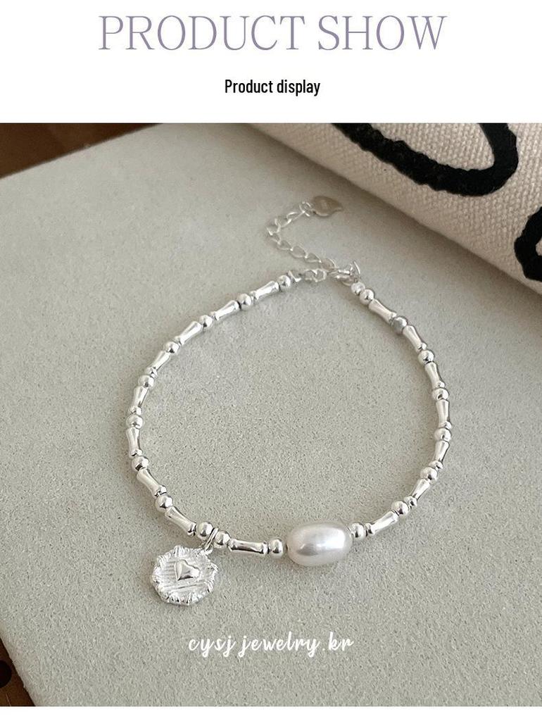 S925 Sterling Silver Korean Bamboo Pearl Heart Bracelet - Women's Niche Cold Style Trendy Jewelry