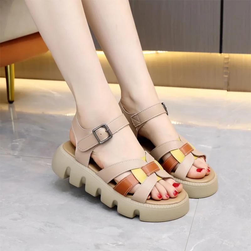 Sandals for Woman One Word Summer 2025 Open Toe Green Women's Shoes Buckles Platform Footwear Roman Style Outdoor Vintage Trend